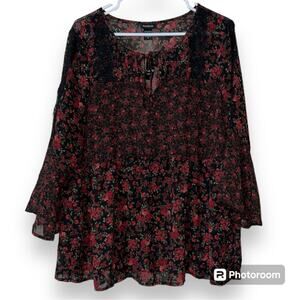 TORRID women's size 0 floral long sleeve chiffon bell sleeve blouse roses sheer
